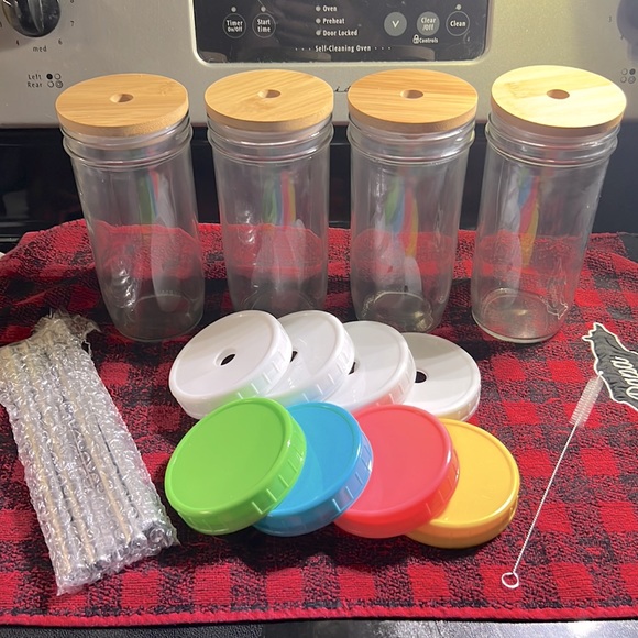 Other - NEW! 🥃  7” TALL GLASS/JAR SET w/WOODEN TOPS, COVERS, WASHABLE STEEL STRAWS